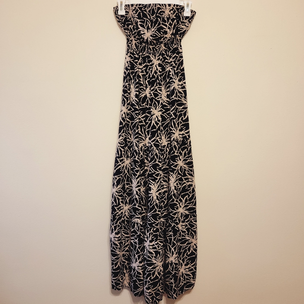 Aqua Black Tropical Floral Strapless Flowy Tiered Maxi Dress